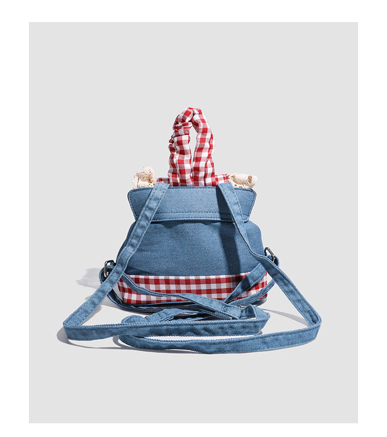 Lace trim denim backpack for women2025New Trendy Fashion Plaid Lace Backpack Handbag Shoulder Bag