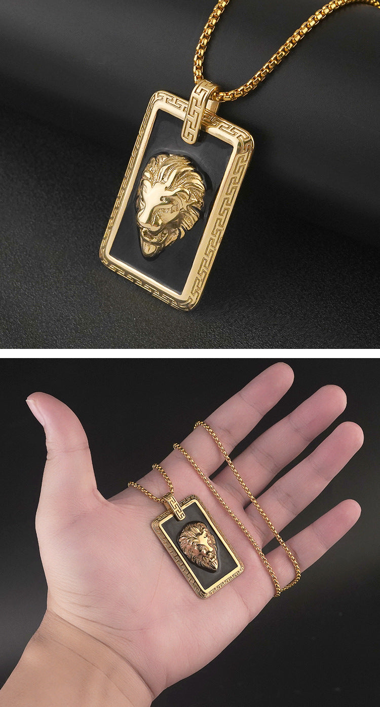 European and American Fashion Men's Stainless Steel Lion Head Pendant Personality Retro Epoxy Titanium Steel Electroplated gold Pendant Jewelry