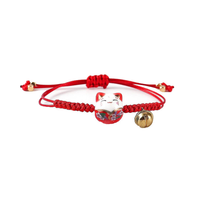 Vintage Ceramic Cat Handmade Woven Bracelet for Women Best Friend Gift Bell Pendant Cartoon Lucky Cat Woven Bracelet