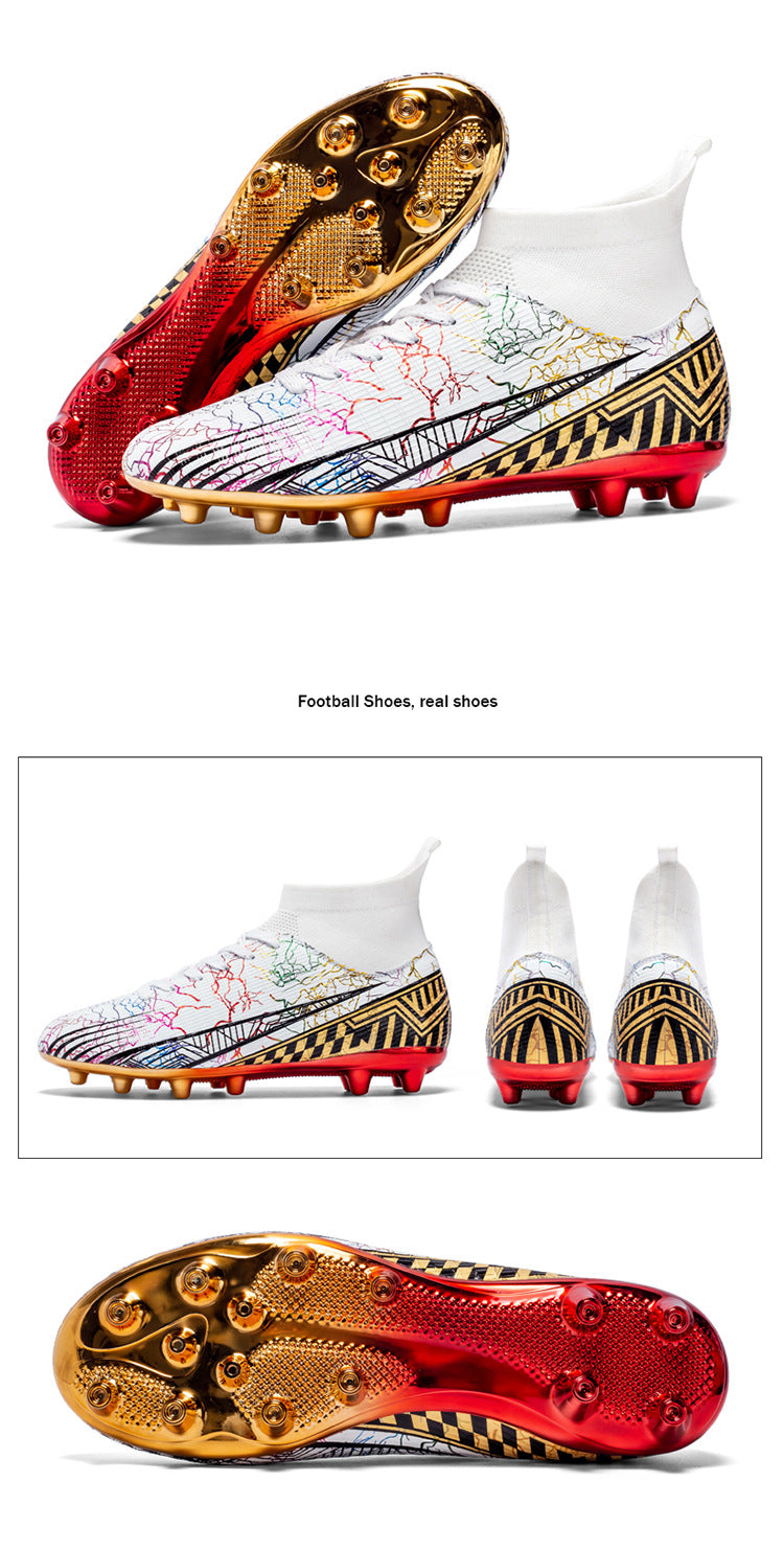Large Size Men's Soccer Shoes AG Long Spike Gold-Plated Hot Stamping Football Shoes for Youth Professional Competition Training Shoes Wholesale
