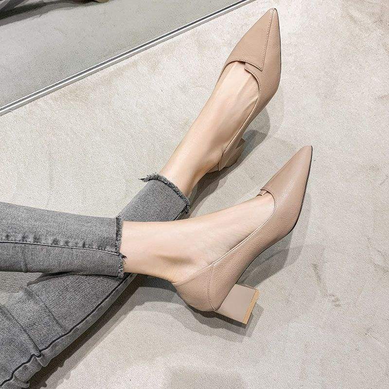 Real Soft Leather Autumn New Style Women's Single Shoes Thick Heel Shallow Mouth High Heels Korean Style Mom Shoes Mid Heel Versatile Grandma Shoes