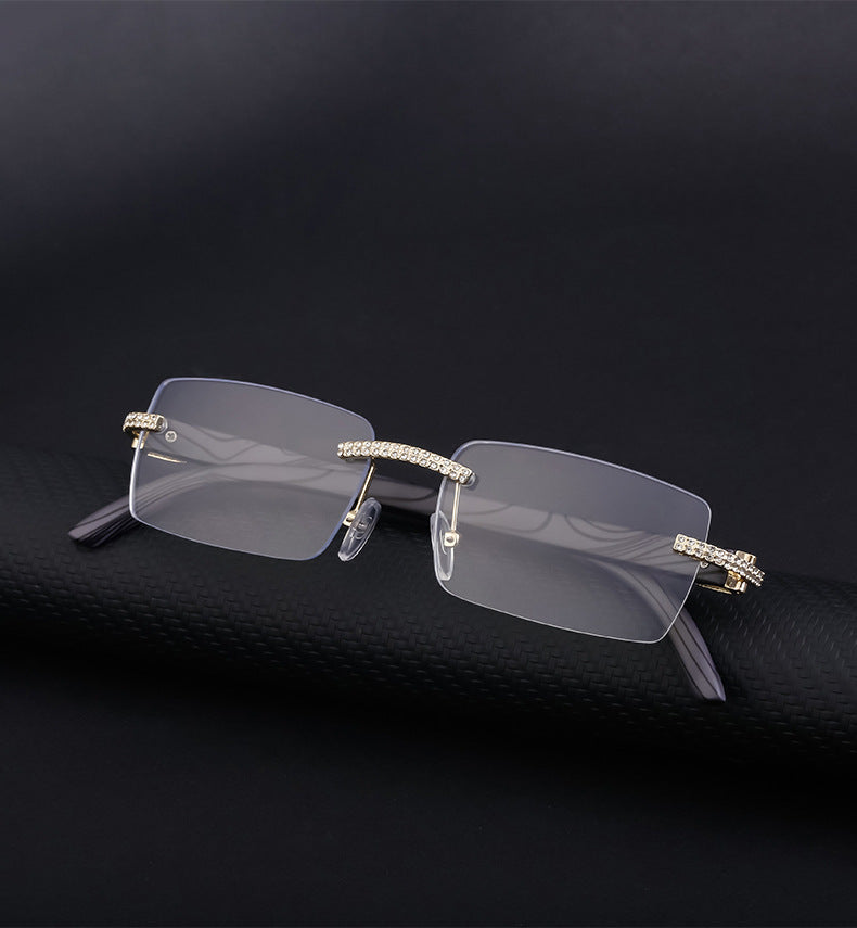 European and American Retro Frameless Men's Sunglasses with Diamond Inlay and Wood Grain Temples New Style Glasses Wholesale shades
