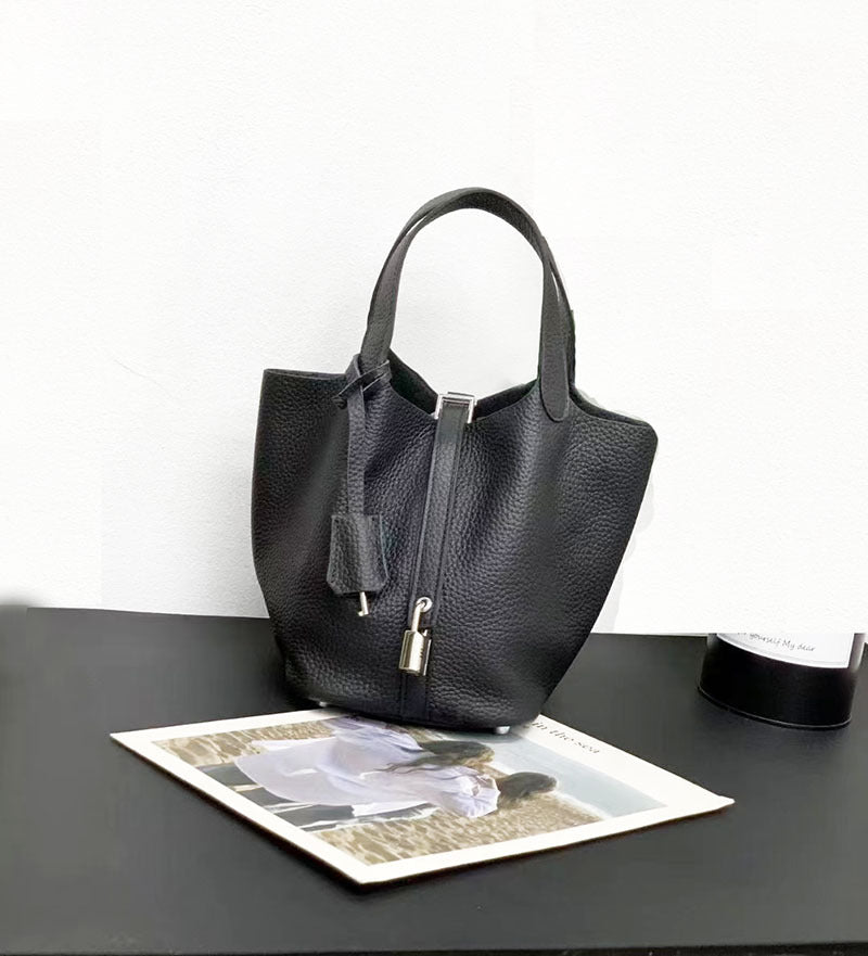 Genuine Leather Basket Bag2024New high-end casual bucket bag for women, top layer cowhide commuter handbag