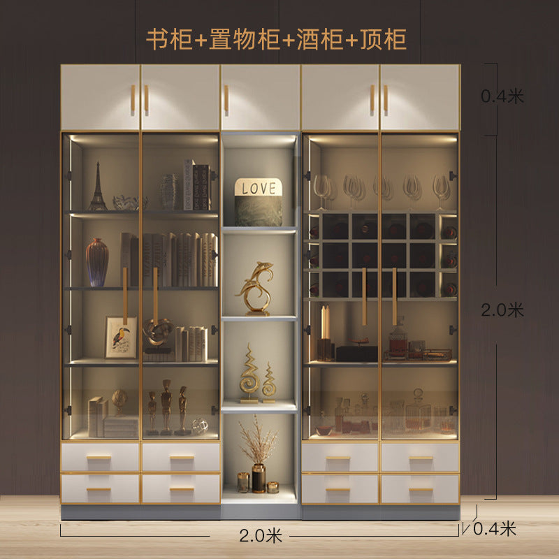 Modern Light Luxury Bookshelf Paint-Free Board Aluminum Alloy Glass Door Combination Bookshelf Wine Cabinet Simple Floor Storage Cabinet Integrated