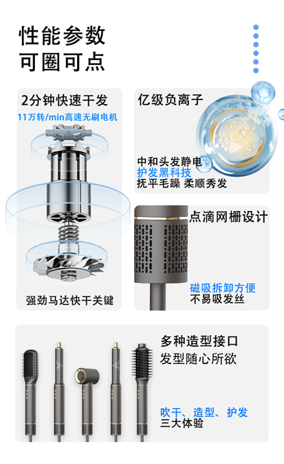 高速吹风机热风梳套装 6 合 1 卷发棒多功能吹风机家用电器
