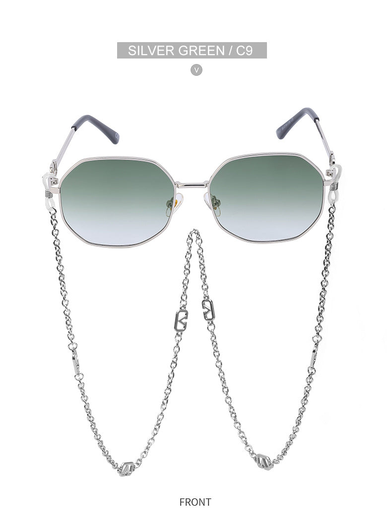 Chain Sunglasses for Women, Internet Celebrity Style, Anti-Drop Chain, Irregular Polygonal Full Frame Sunglasses for Women, Trendy