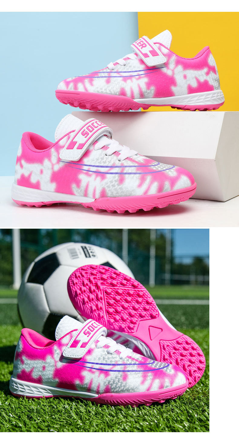 New Football Shoes for Men and Women, Children's Low-top Anti-collision Spike Magic Tape No-tie Grass Training Sports Shoes