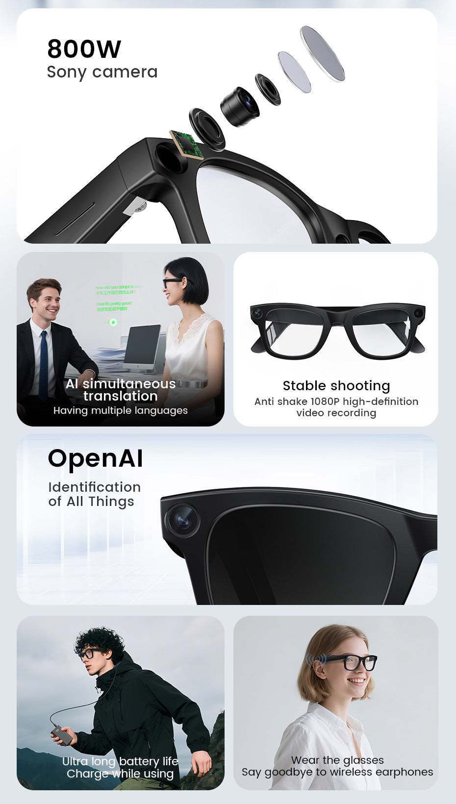 E03Smart Glasses800100 Megapixel Camera with Image Stabilization1200P Video Recording AI Simultaneous Translation Character Recognition