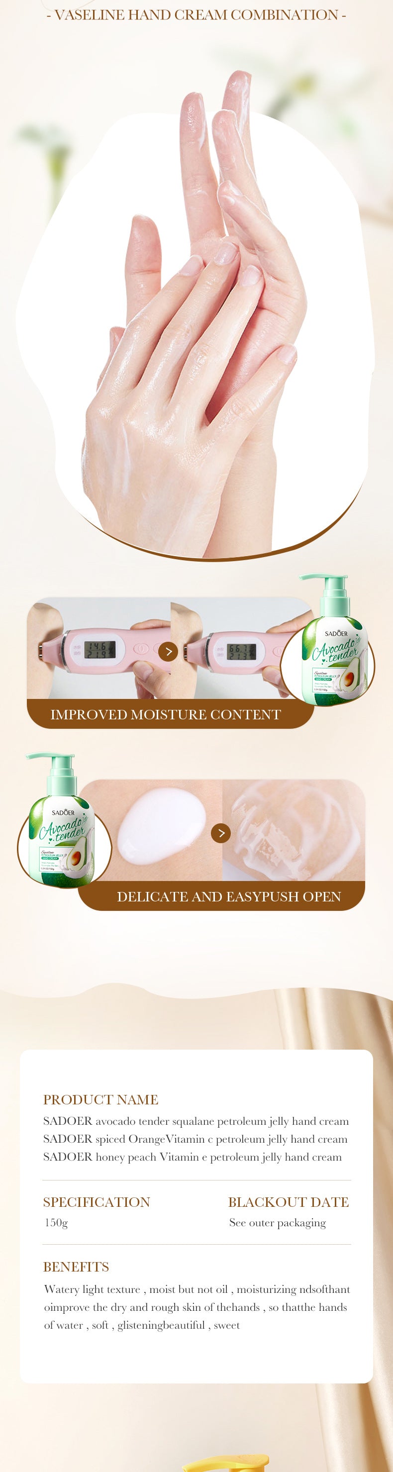 Vaseline Hand Cream150gSADOER Hydrating Anti-Cracking Press Hand Cream  Wholesale