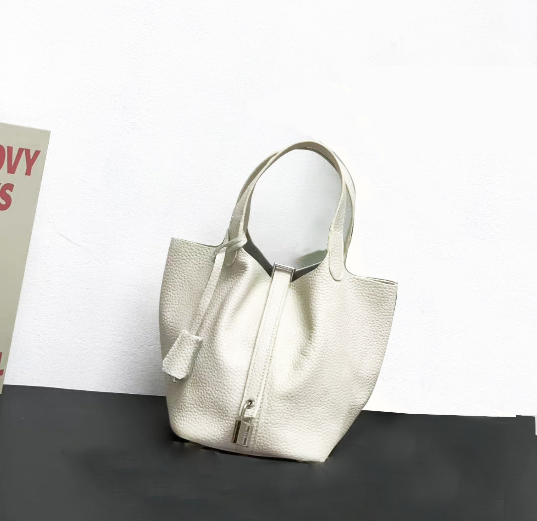Genuine Leather Basket Bag2024New high-end casual bucket bag for women, top layer cowhide commuter handbag