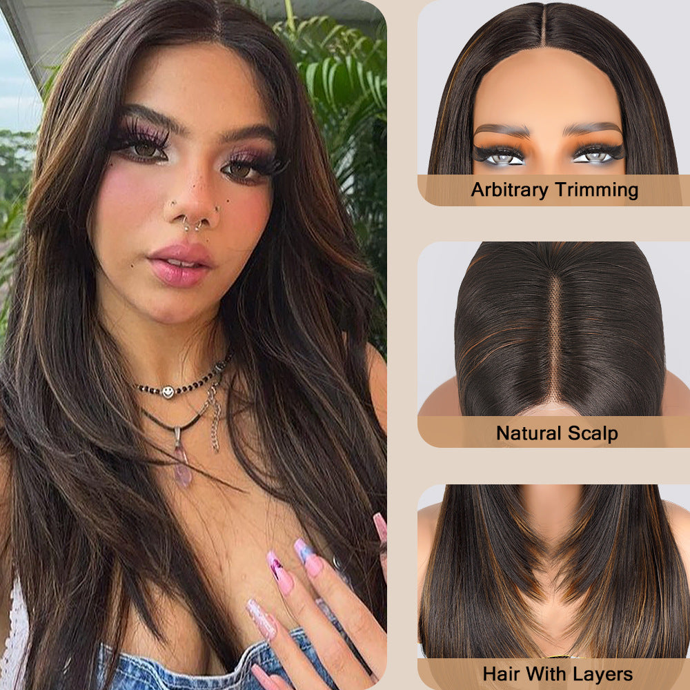 Factory Direct Cross-Border Wigs High Light Straight Layers Lace  Front Wig