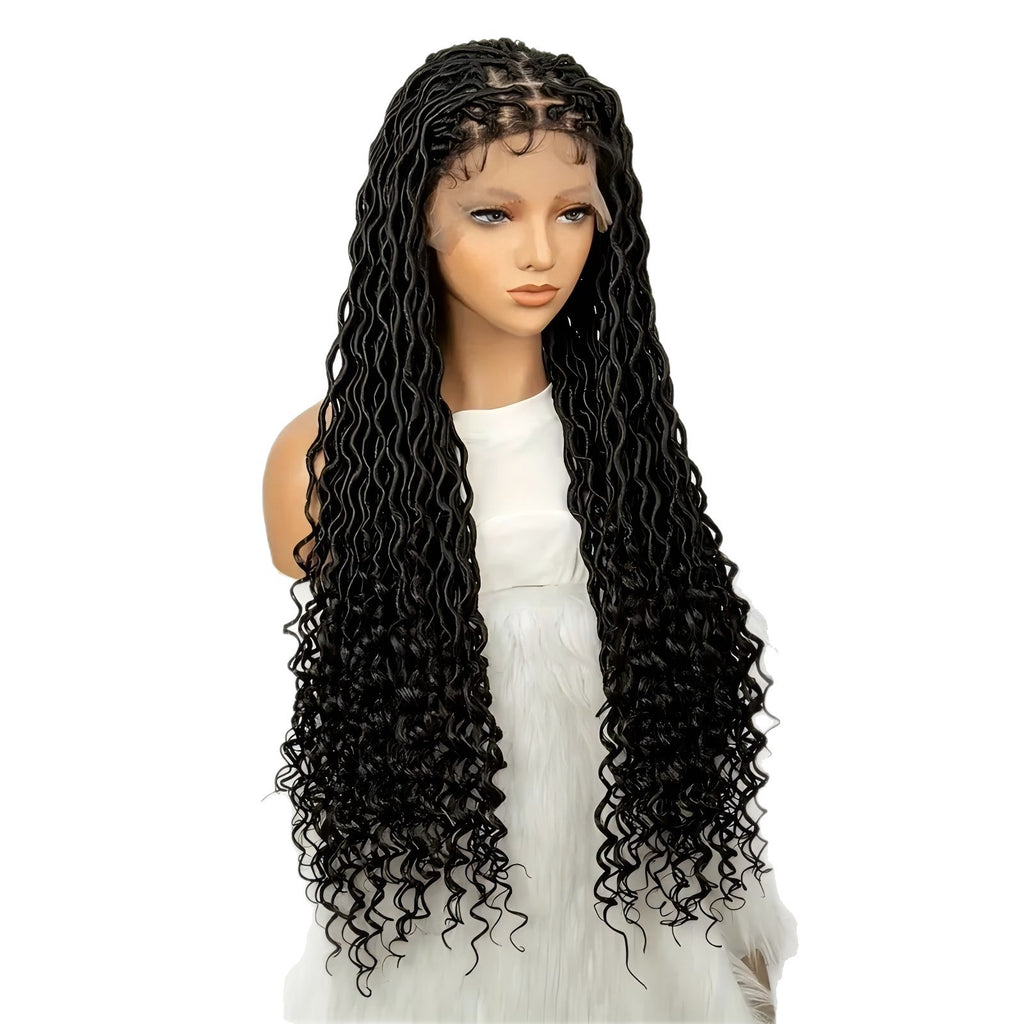 European and American African Full Lace Synthetic Fiber Curved Top and Bottom Hand-Crocheted Lace Headpiece Faux Locs Wig Full Lace Wig