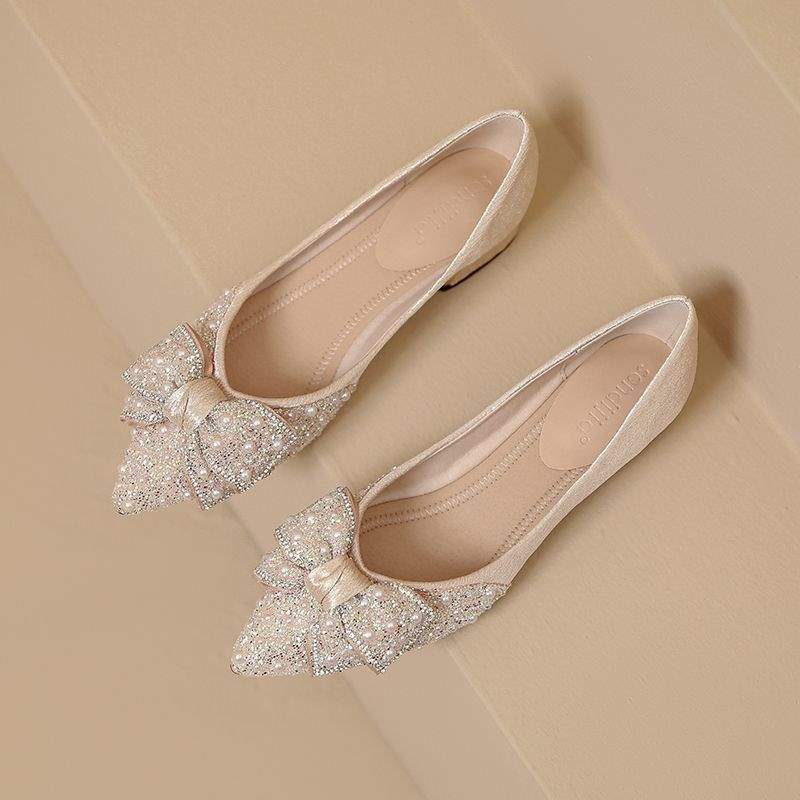 French high heels thick heel bowknot single shoes for women in summer2025New style rhinestone shiny women's shoes, two-way wear