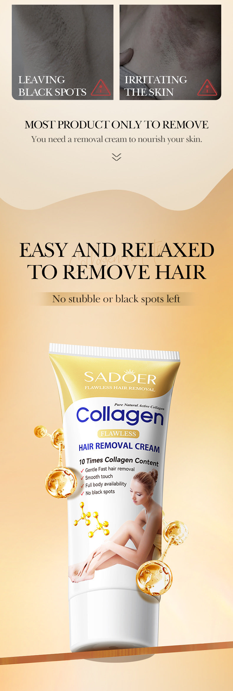 Full English Collagen Gentle Hair Removal Cream SADOER Skin-friendly Non-irritating Underarm Hair Removal Cream  Wholesale
