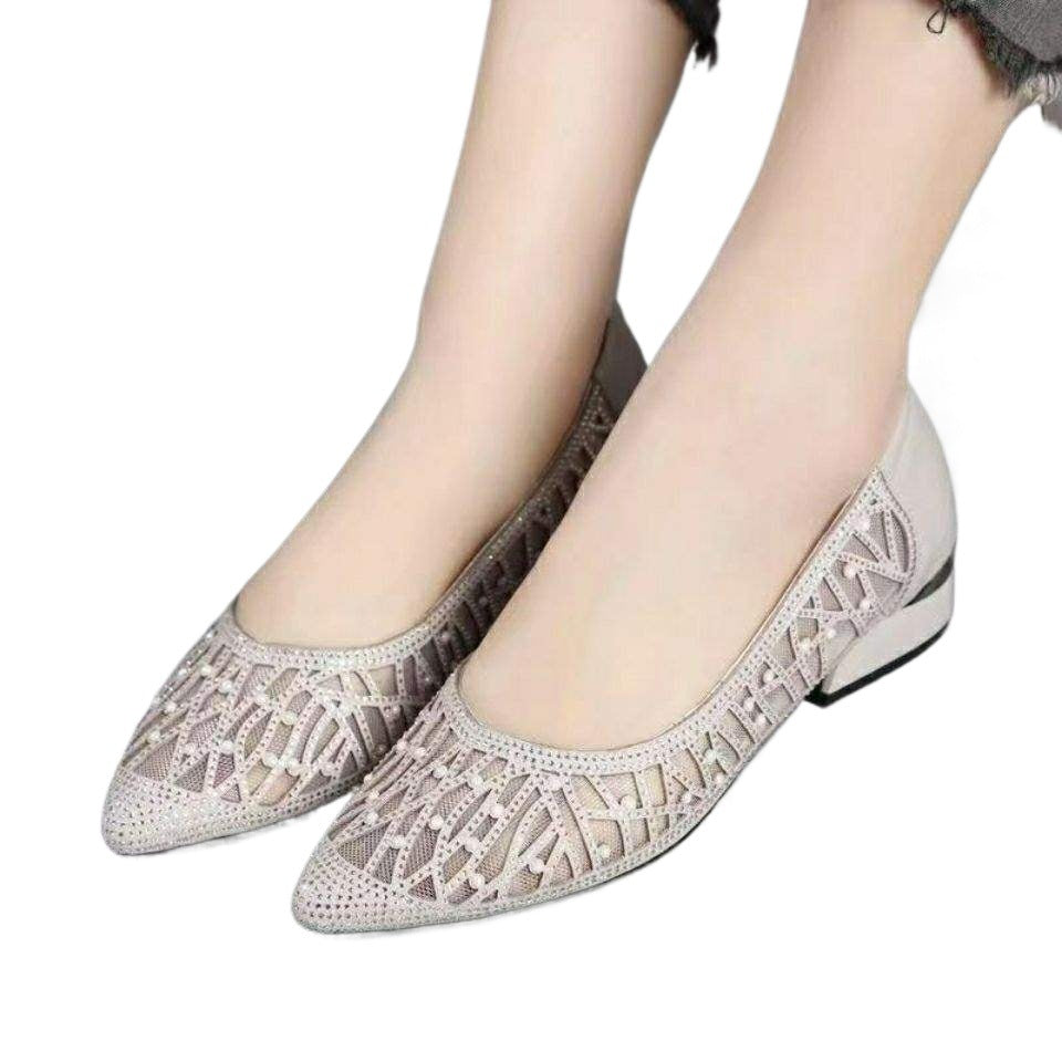 Women's Rhinestone Soft Leather Sandals2025Summer New Flat Hollow Mesh Shoes Shallow Mouth Mesh Single Shoes for Women