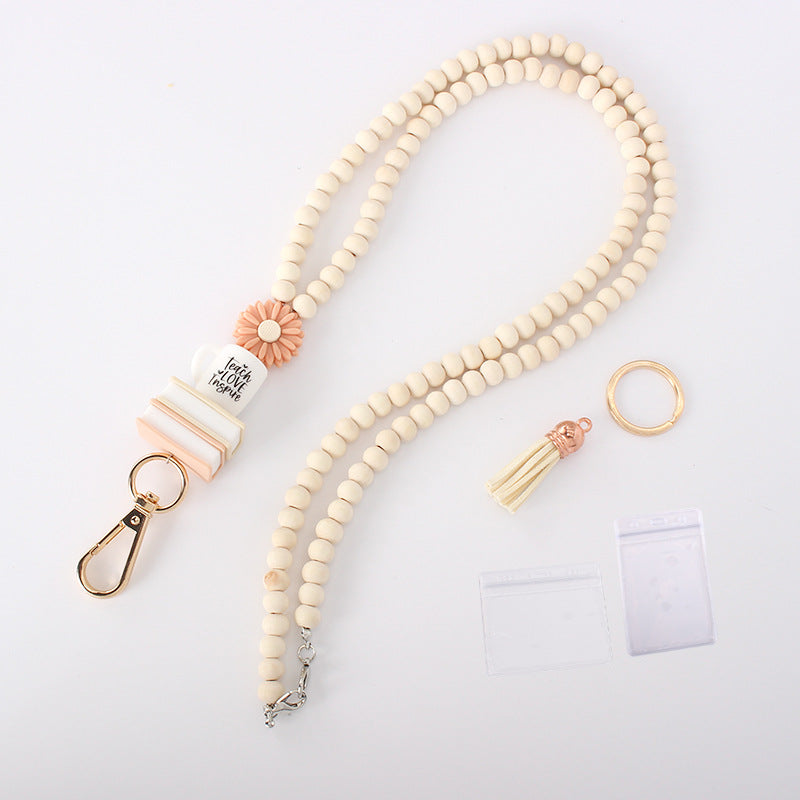European and American Work ID Lanyard Necklace Silicone Water Bottle Book Pendant Teacher Appreciation ID Wooden Bead Necklace