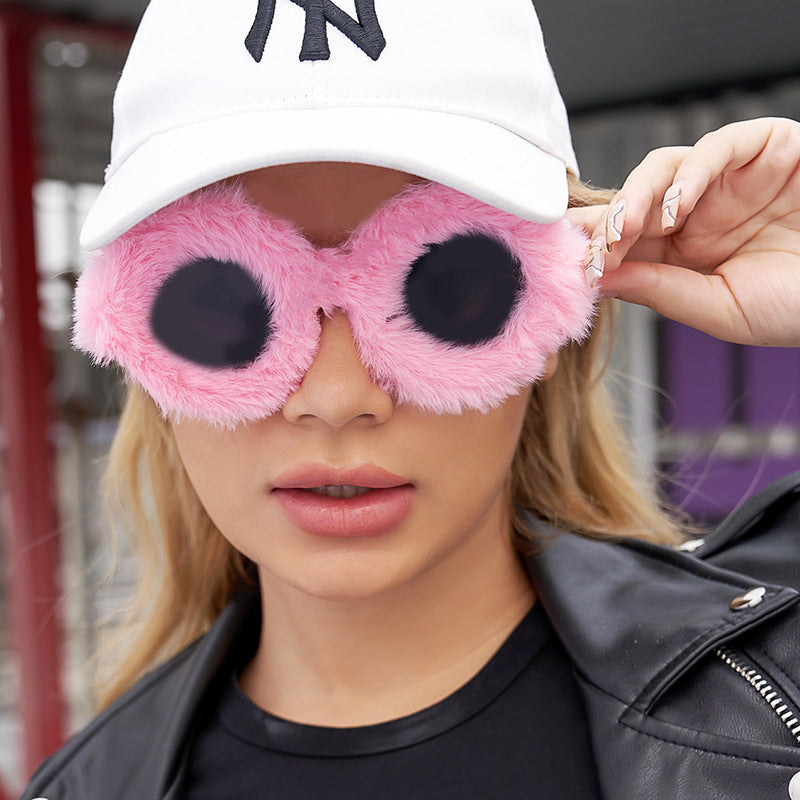 Full Coverage Plush Sunglasses Fashion Round Frame Women's Internet Celebrity Same Style Sunglasses Women's European and American Sunglasses
