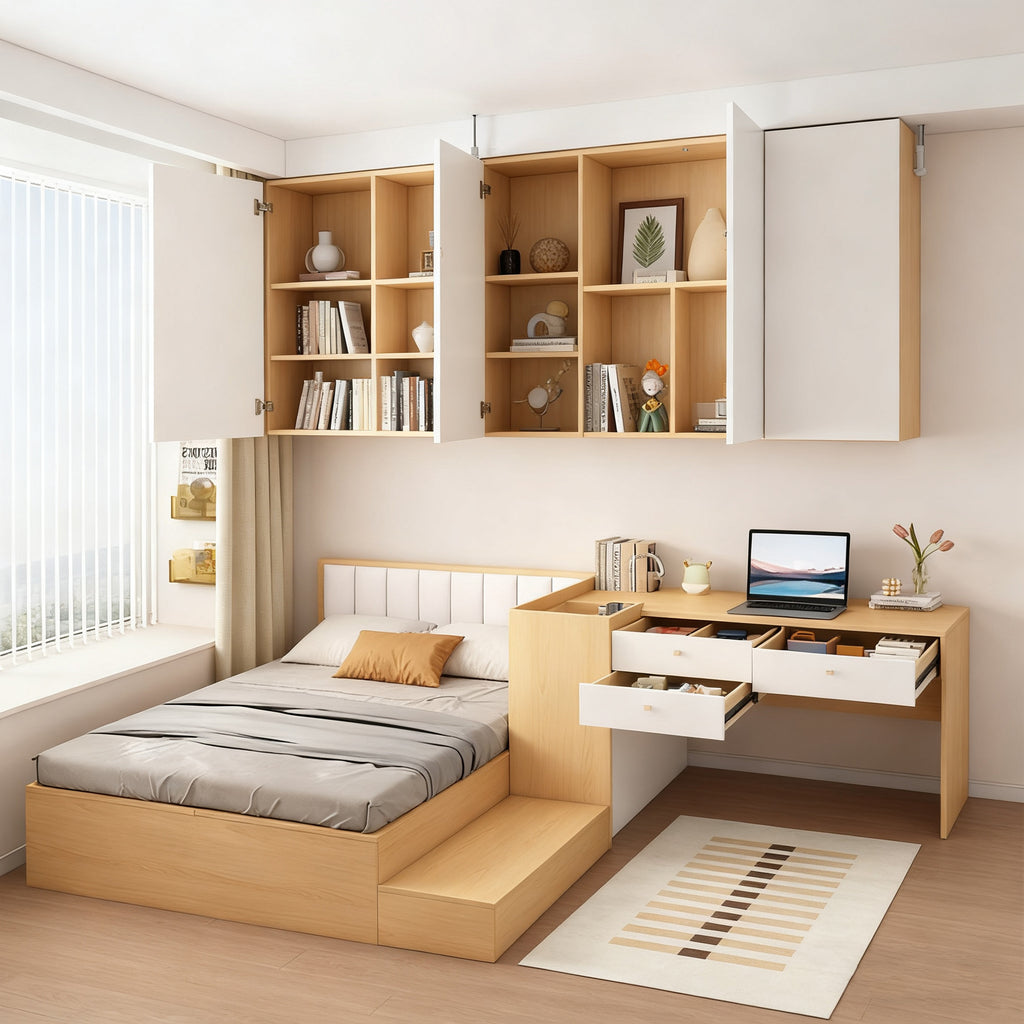 Custom Aluminum Alloy Panel Bed Tatami Bed with Corner Desk Writing Desk Storage Integrated Set