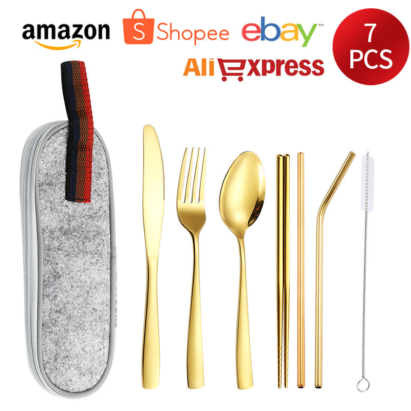 410Stainless Steel Portable Outdoor Camping Tableware Set304Stainless Steel Straw Knife Fork Spoon Chopsticks Seven-Piece Set