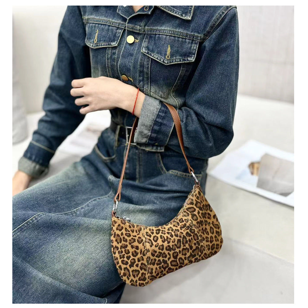 Autumn and winter niche leopard print underarm bag2025New Matte Top Layer Cowhide Single Shoulder Crossbody Bag Handheld Small Bag