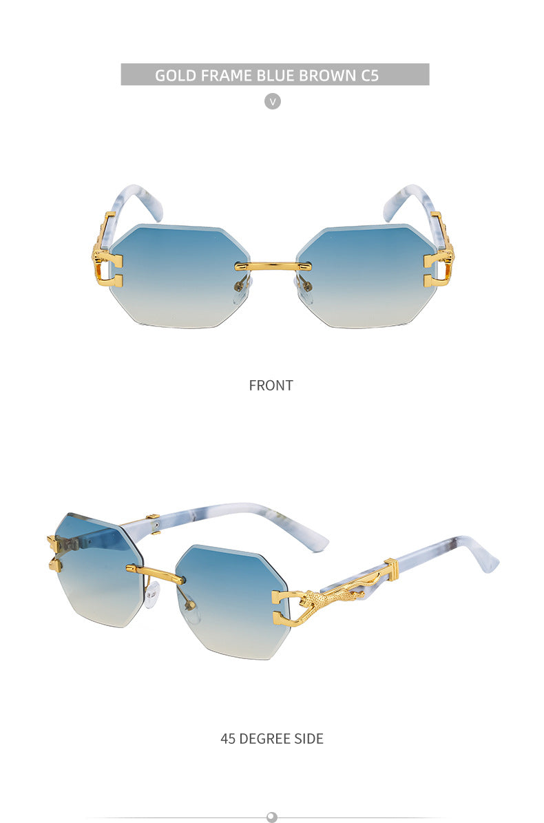 New European and American Retro Frameless Sunglasses for Men with Imitation Wood Grain Temples Wholesale Glasses shades