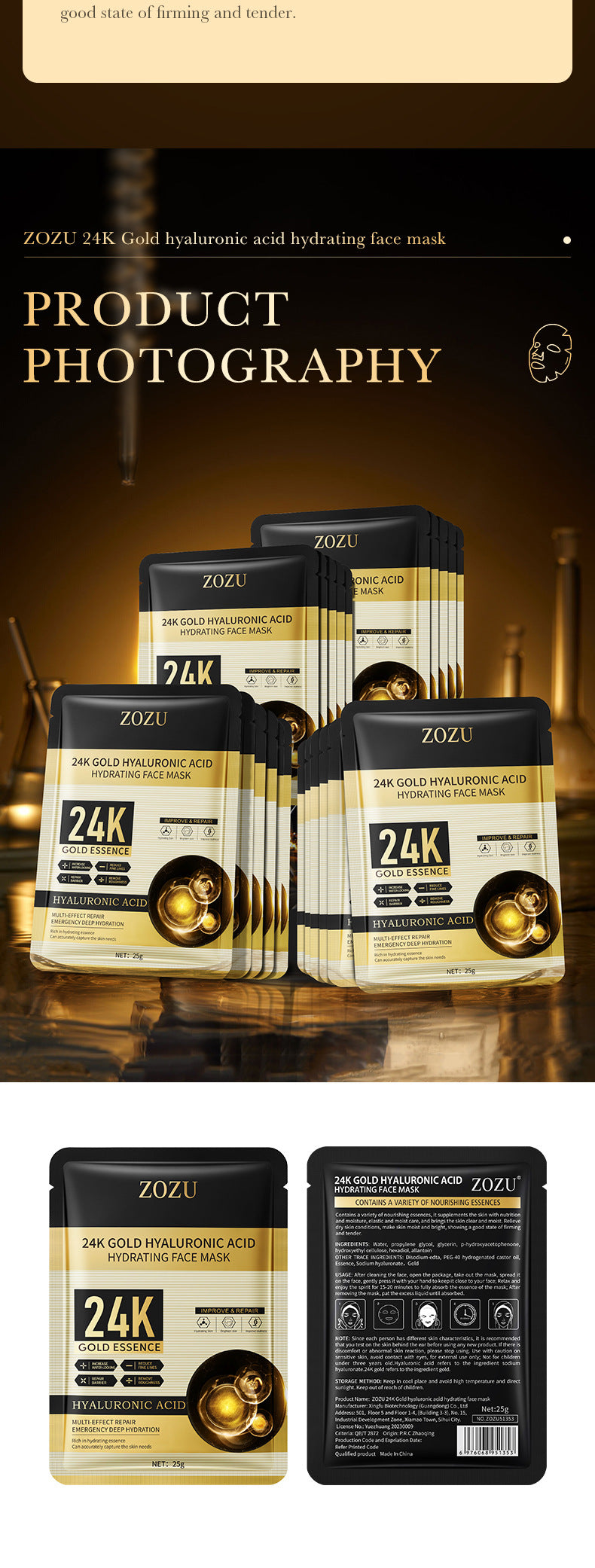 24k Gold Mask25g ZOZU Hyaluronic Acid Hydrating Moisturizing Tablets Cross-Border Wholesale