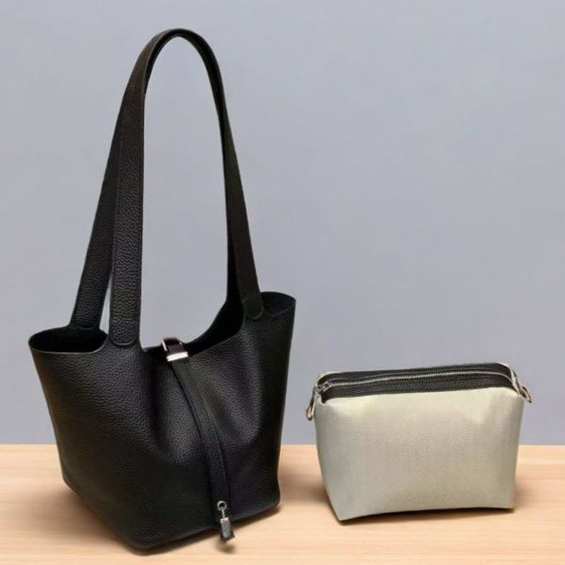 2025New Basket Bag for Women, High-End Niche Design, Large Capacity Bucket Bag, Top Layer Cowhide Handbag