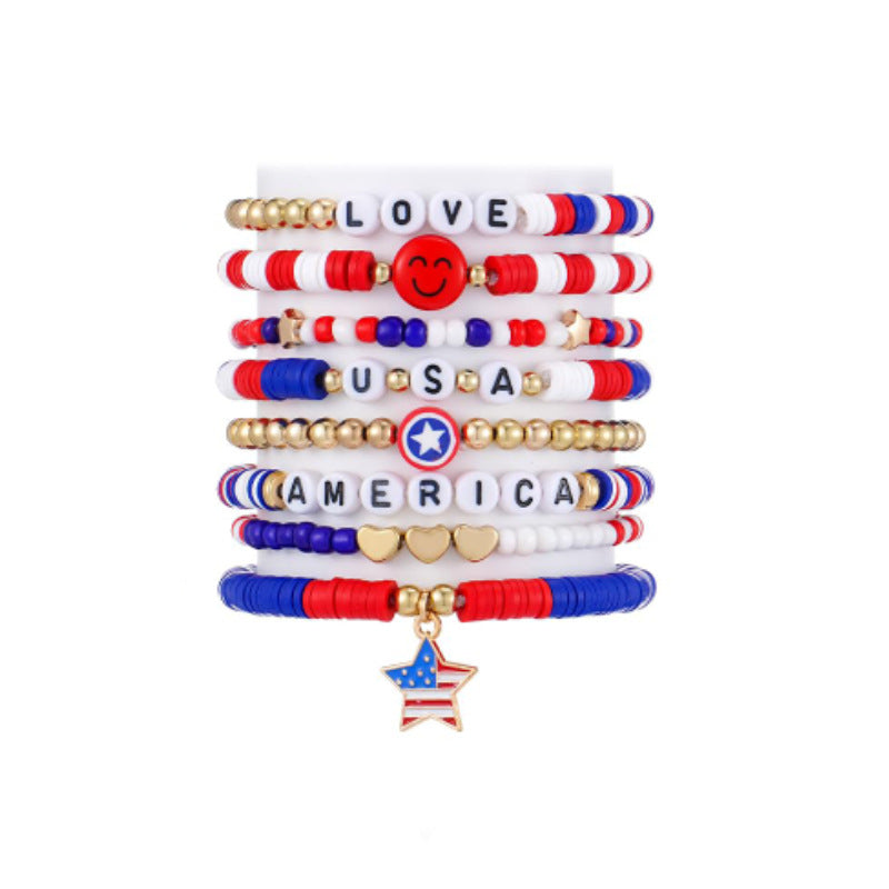 Alphabet Soft Clay Bracelet Women's Gift Freedom and Happiness Red White Blue Eight-piece Set European and American Independence Day Soft Clay Bracelet
