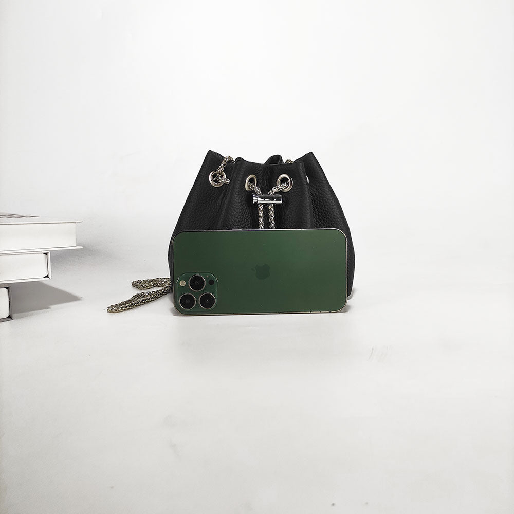 Niche Genuine Leather Bucket Bag for Women2024New Mini Small Bag Top Layer Cowhide Autumn Chain Shoulder Crossbody Bag