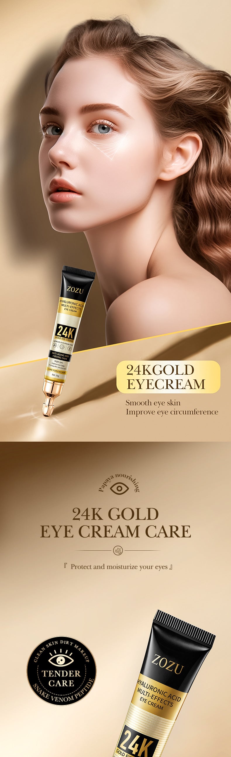 24K Gold Eye Cream ZOZU Hyaluronic Acid Hydrating and Moisturizing Eye Cream for Eye Wrinkles Cross-Border Wholesale
