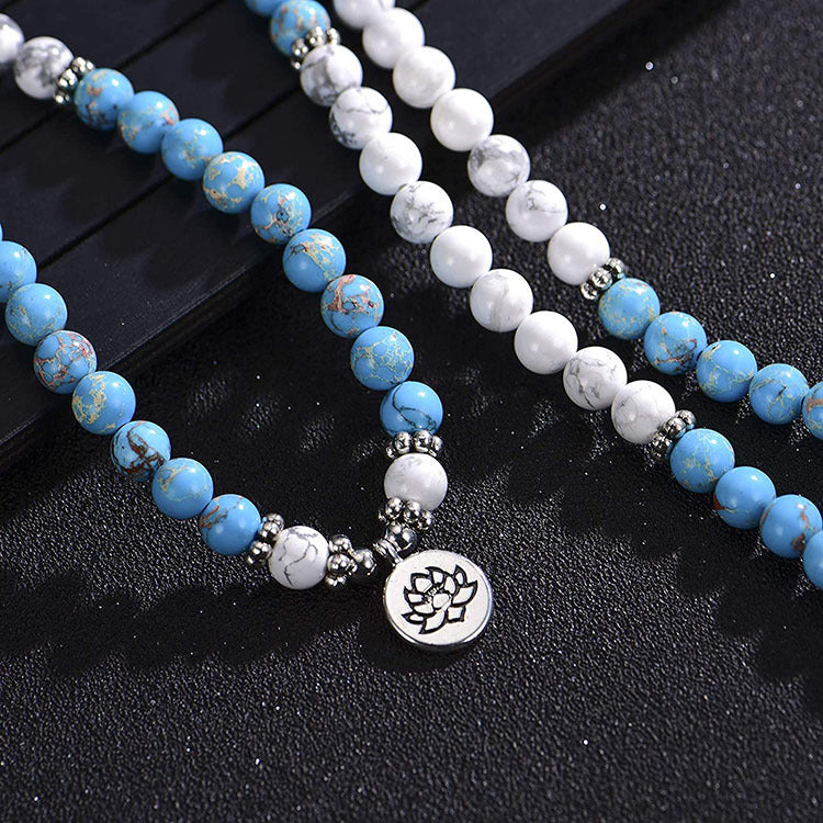 Men's Emperor Stone Bracelet108Series Elastic Cord Natural Stone Beads Lotus Buddha Pendant White Turquoise Long Bracelet