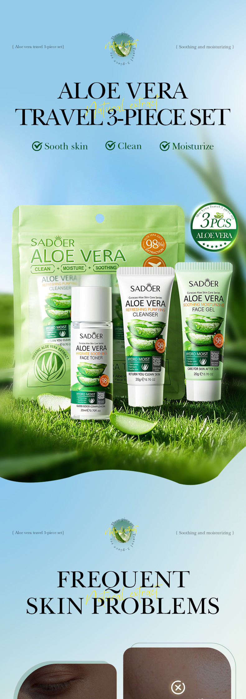 Full English Aloe Vera Travel Three-Piece Set SADOER Aloe Vera Gel Toner Facial Cleanser  Wholesale