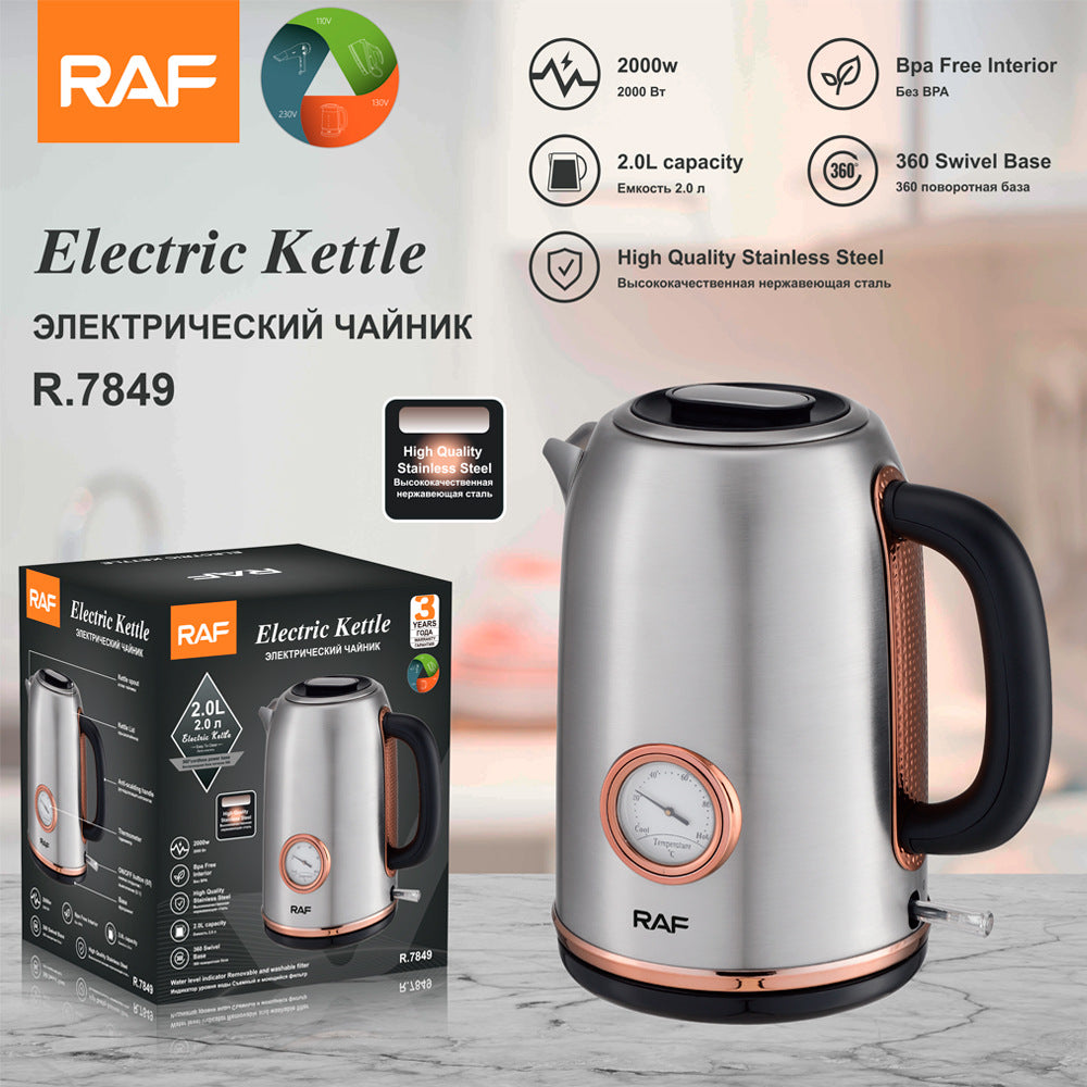 RAF European Standard Electric Kettle Stainless Steel Temperature Display Anti-scald Anti-dry Boil Water Kettle2L Automatic Power off