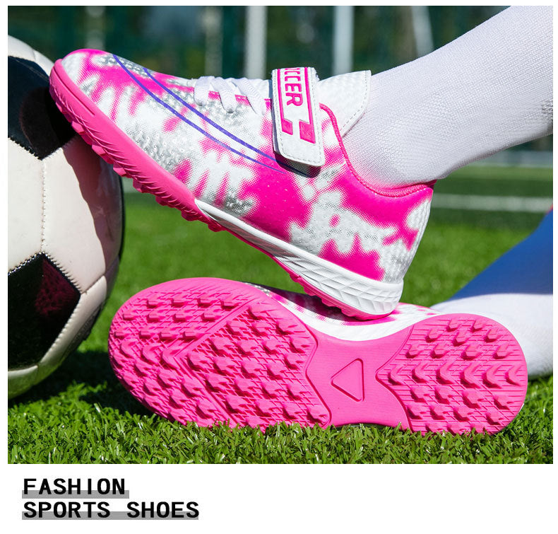 New Football Shoes for Men and Women, Children's Low-top Anti-collision Spike Magic Tape No-tie Grass Training Sports Shoes