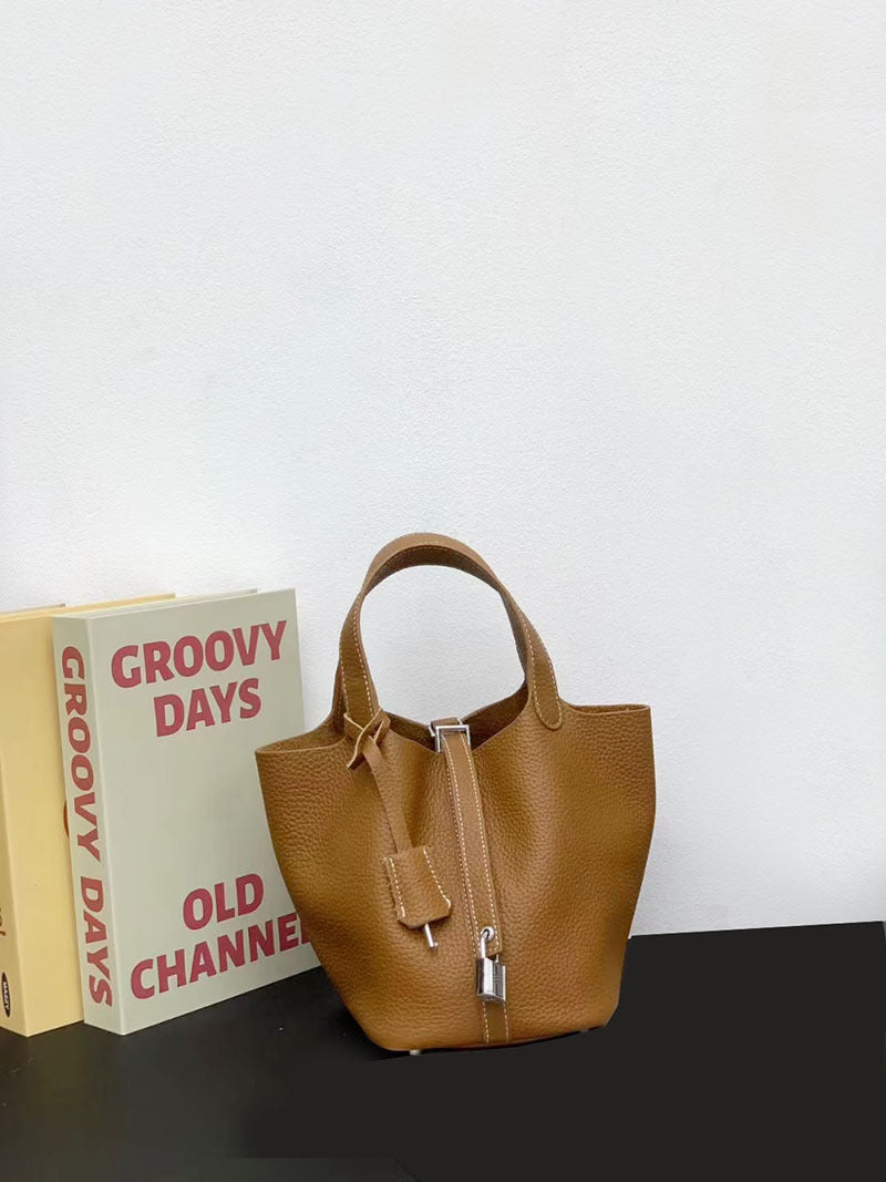 Genuine Leather Basket Bag2024New high-end casual bucket bag for women, top layer cowhide commuter handbag