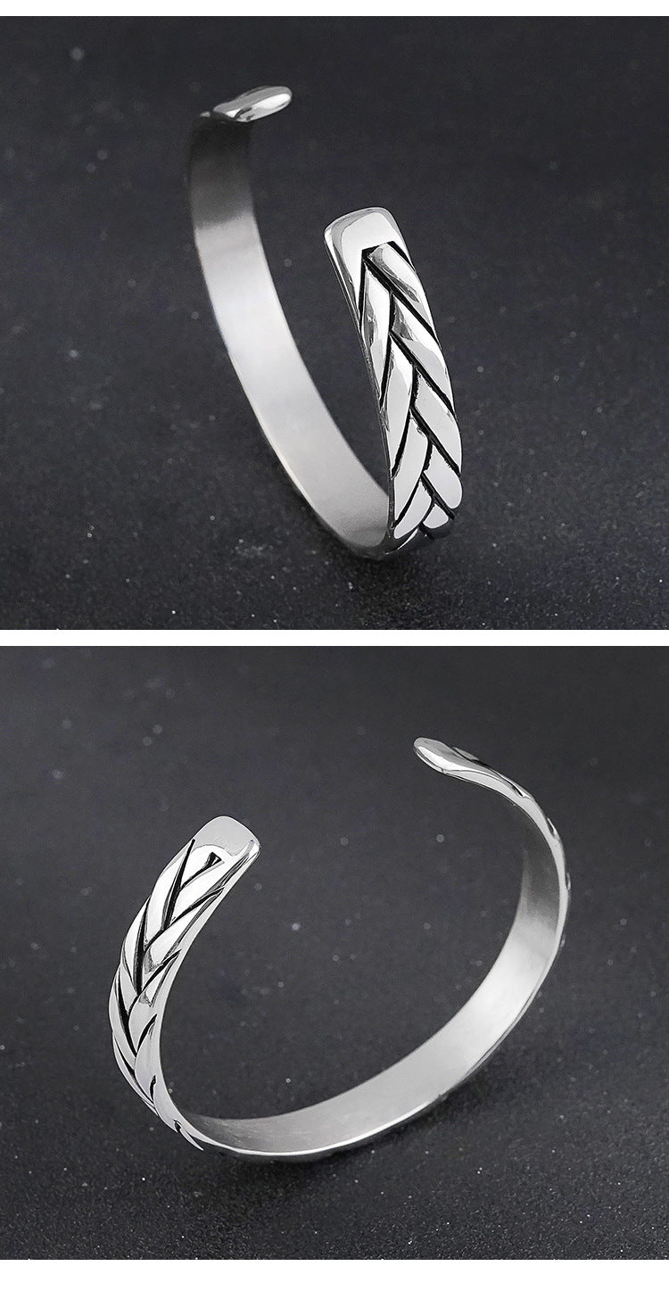 New Titanium Steel Men's Trendy Wheat Ear Bracelet Personality Simple Men's Retro Striped Stainless Steel Braided Bracelet