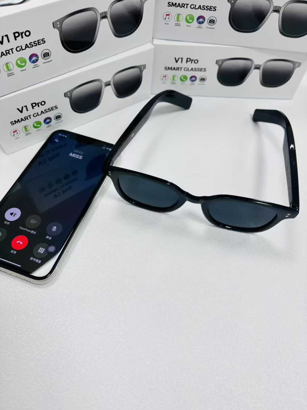V1 Pro Smart Glasses Support Bluetooth Call Music Cut Song Voice Assistant Outdoor Sports Black Sunglasses