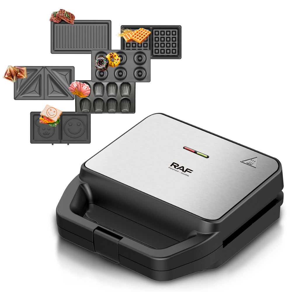 RAF European Standard Sandwich Maker Household Multifunctional 6-in-1 Waffle Maker Breakfast Machine Portable Baking