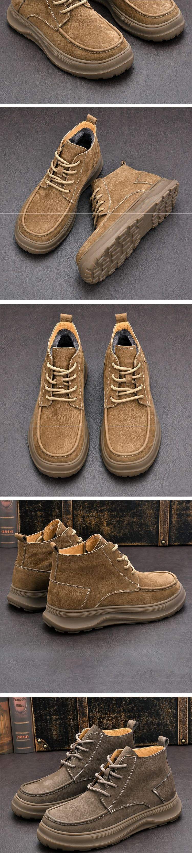 Men's Shoes New Retro Leather Shoes Warm Casual Men's Fleece-Lined Height-Increasing Leather Boots Trendy Martin Boots