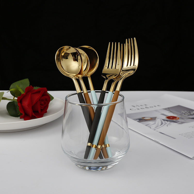 304Stainless Steel Portuguese Tableware Creative Lathe Craft Glossy Mirror Black Gold Round Spoon Dessert Spoon Fork