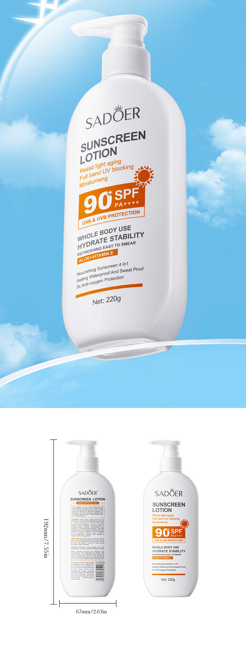 Full English Sunscreen SADOER Clear Anti-Aging Refreshing UV Protection Sunscreen Lotion  Wholesale