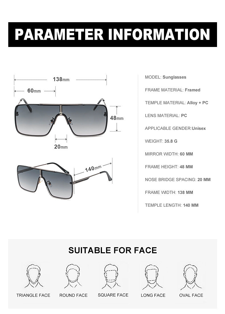New Large Frame Sunglasses for Men Metal Frame One-piece Fashion Internet Celebrity Square Frame Glasses Trendy Sun Protection Driving Sunglasses