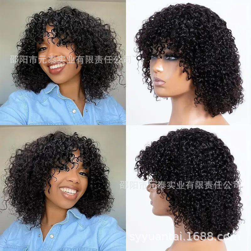 Short Bob Curly  100% Human Hair Wig With Bangs for Women