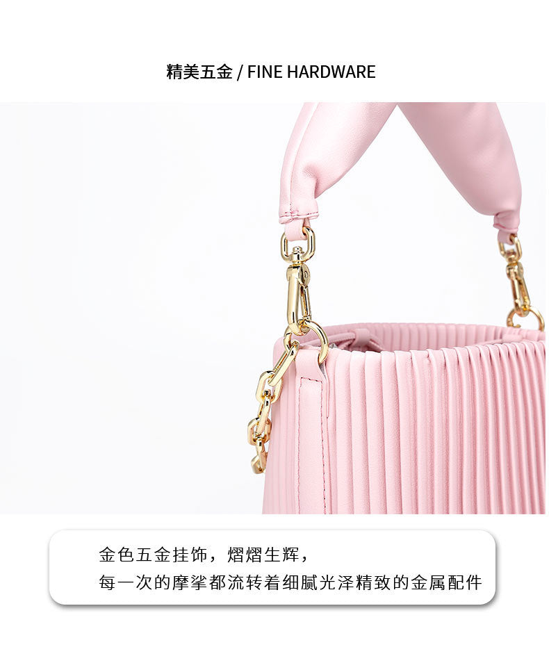 Unique Korean Design Pleated Bucket Bag for Women with Chain Handle, Versatile Fashionable Single Shoulder Crossbody Bag for Ladies