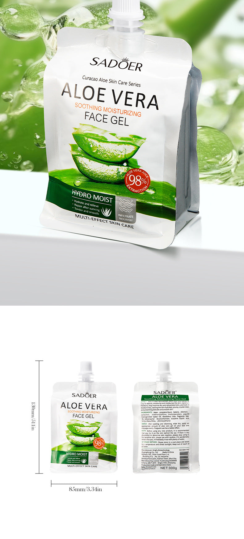 Aloe Vera Gel Aloe Vera Gel300g Large Capacity Hydrating Moisturizing Nourishing Cross-Border Foreign Trade Live Wholesale