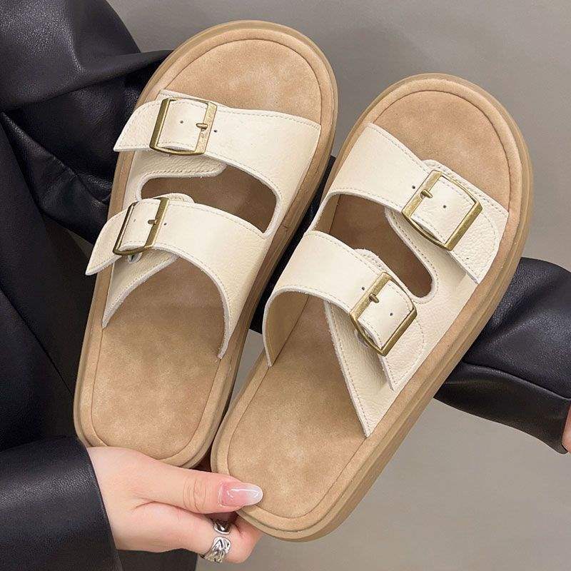 Cowhide Boken Slippers Women's Anti-Slip Soft Bottom2025New summer outer wear French flat beach shoes