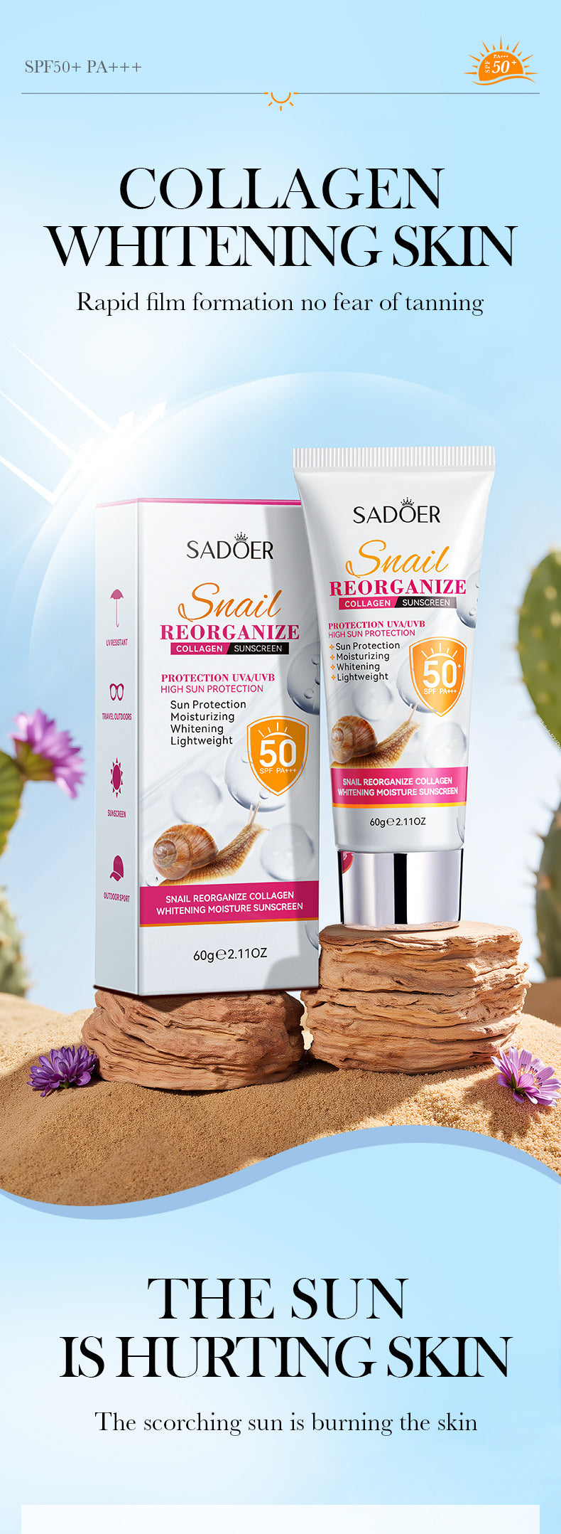 Cross-border Snail Whitening Sunscreen60g Restructured Collagen Hydrating Moisturizing Sunscreen Cream Export Manufacturer Wholesale