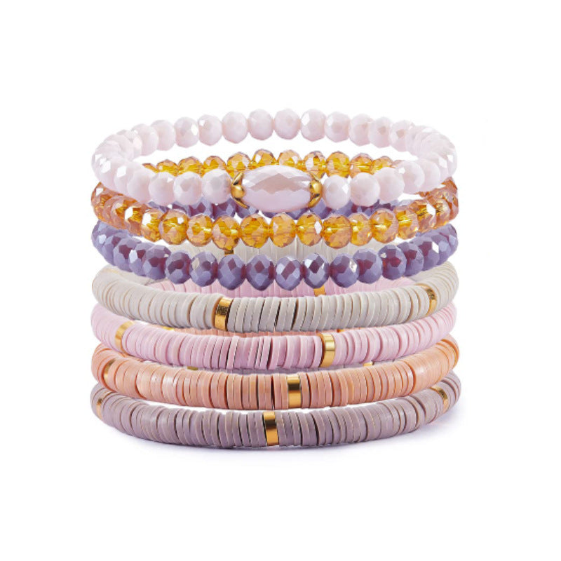 Women's Layered Soft Clay Bracelet Set of Seven Elastic Cord Friendship Bracelets Bohemian Crystal Soft Clay Bracelets