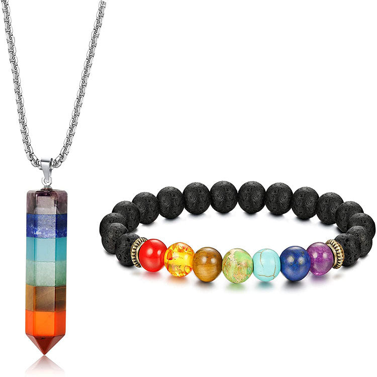 Women's Bracelet Set with Colorful Hexagonal Column, Men's Single Circle Cone Pendant, Natural Crystal Pendant Bracelet Set