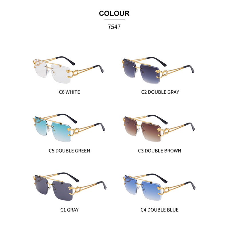European and American Retro Double Bridge Sunglasses for Men Fashion Leopard Rimless Cut Edge Sunglasses for Women Wholesale shades